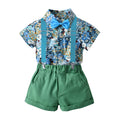 European and american style boys' summer new print short-sleeve shirt and suspender shorts kids' fashion suit two-piece set
