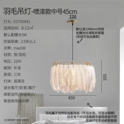 Bedroom lights Nordic modern simple ins girls room warm romantic creative lighting Internet celebrity feather chandelier