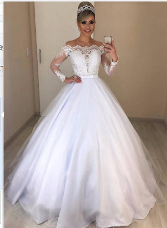 new foreign trade  fashion one-shoulder v-neck slim-fit trendy puffy train wedding dress with lace trim