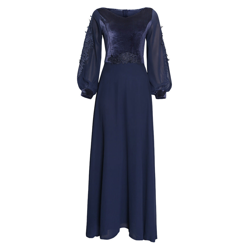 african plus size women's velvet embroidered lace trim long evening gown dress