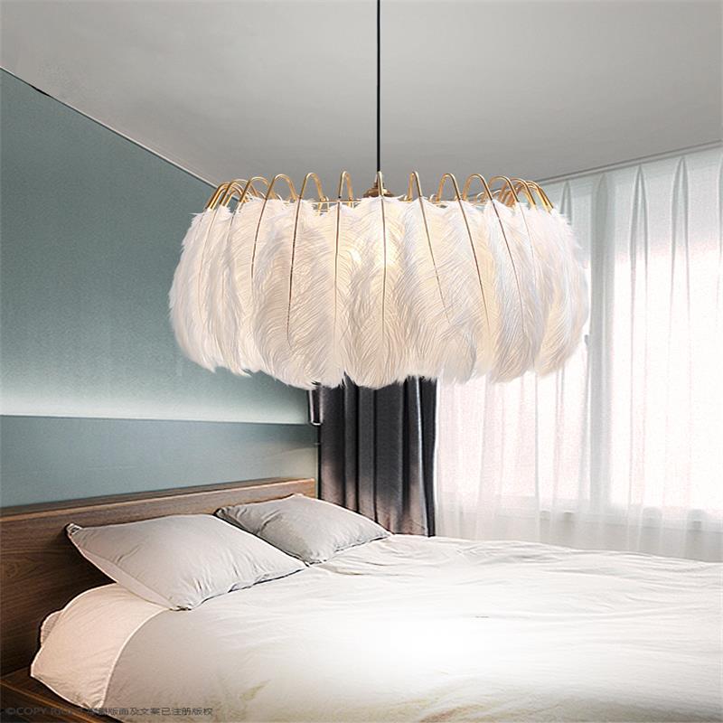 Bedroom lights Nordic modern simple ins girls room warm romantic creative lighting Internet celebrity feather chandelier
