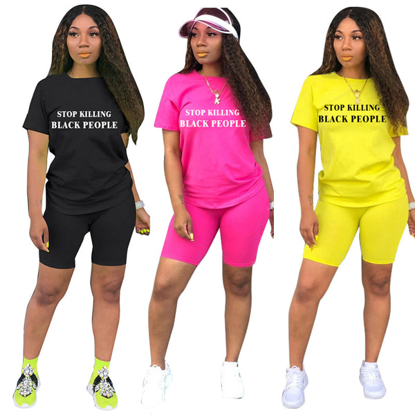 S3787 Cross-border European and American summer new fashion letter printing sports two-piece suit women's shorts wholesale