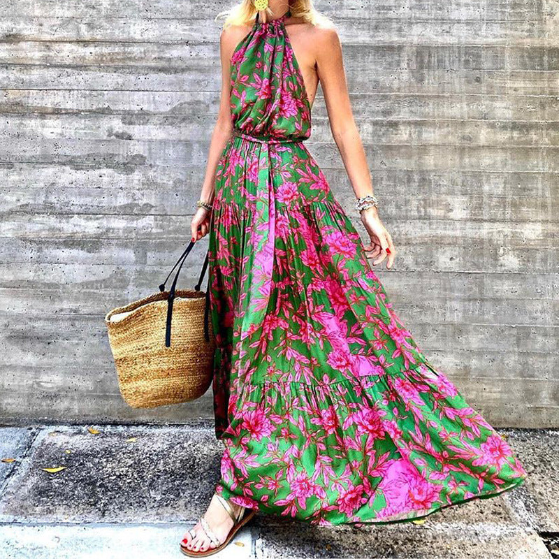 summer new european and american fashion women's halter neck sexy dress - backless printed sexy maxi dress
