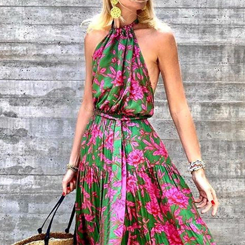 summer new european and american fashion women's halter neck sexy dress - backless printed sexy maxi dress