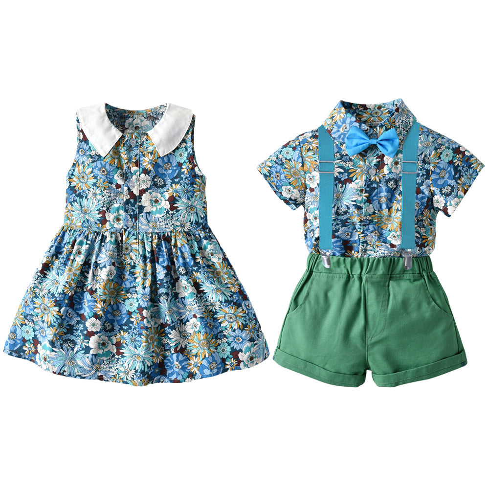 summer new printing shirt overallssuitdressfashion brother and sister wear export wholesale for boys and girls