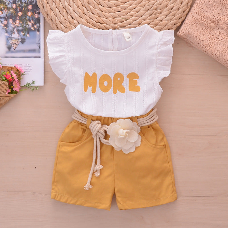 Girls' cotton blend flutter sleeve jacquard short-sleeve top + shorts two-piece set with floral belted princess pants - direct from the manufacturer