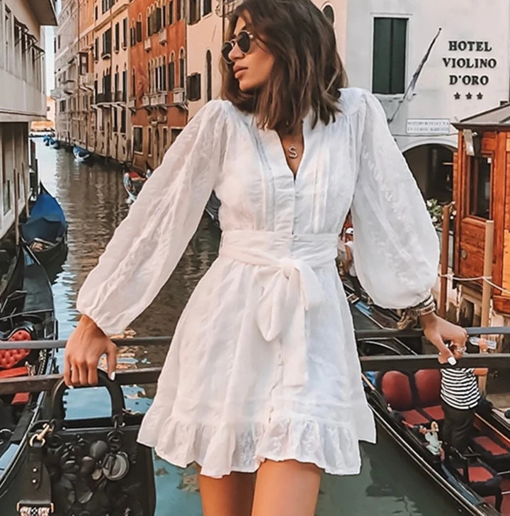 2025 autumn new arrivals: european and american style women's dress - v-neck, long sleeve, sweet color palette, tie-waist, ruffle hem mini dress