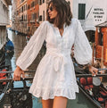 2025 autumn new arrivals: european and american style women's dress - v-neck, long sleeve, sweet color palette, tie-waist, ruffle hem mini dress