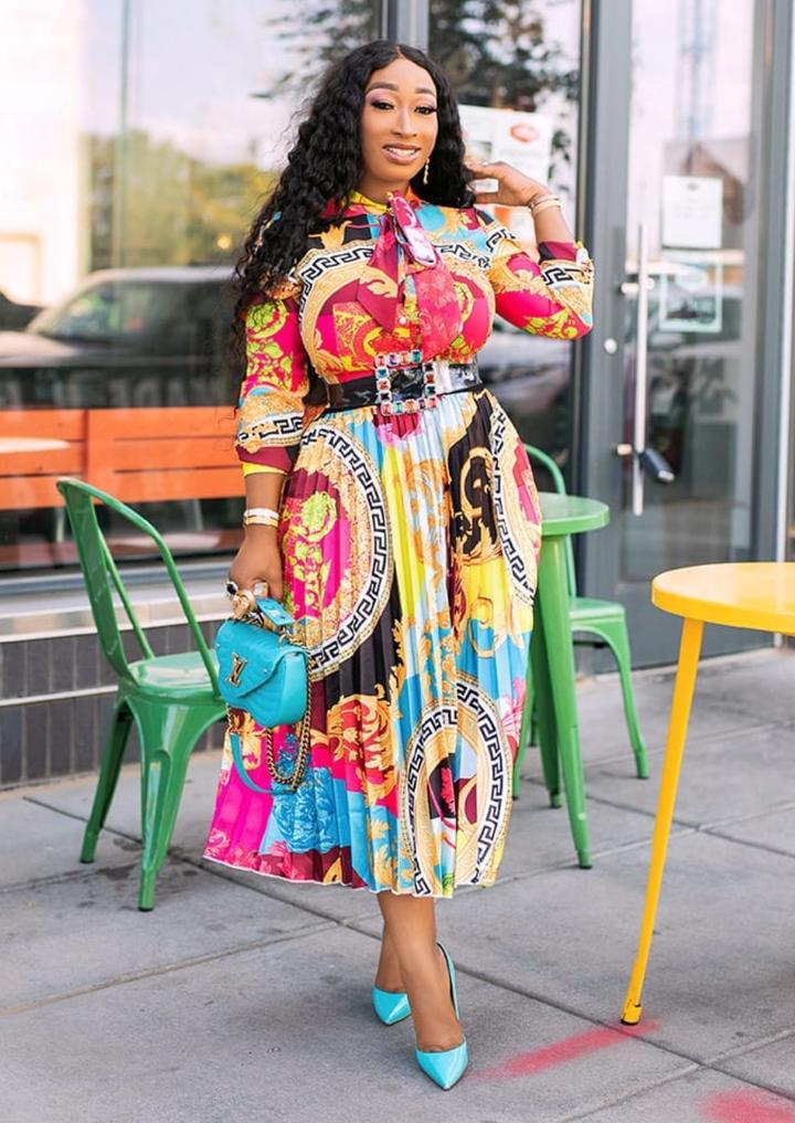 spring/summer new arrival: african print midi dress with bow collar and three-quarter sleeves - plus size women's clothing