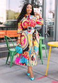 spring/summer new arrival: african print midi dress with bow collar and three-quarter sleeves - plus size women's clothing