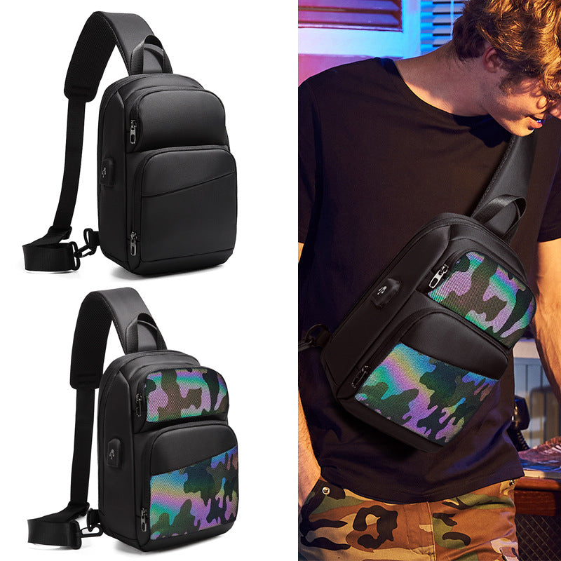 DC trendy cool European and American usb anti-theft men's breast bag colorful reflective luminous bag, men's shoulder bag waterproof messenger bag