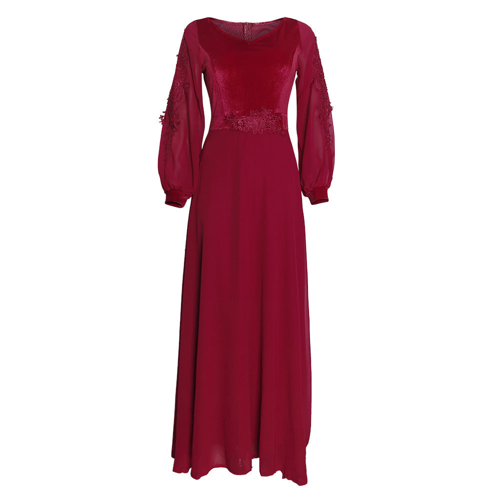 african plus size women's velvet embroidered lace trim long evening gown dress