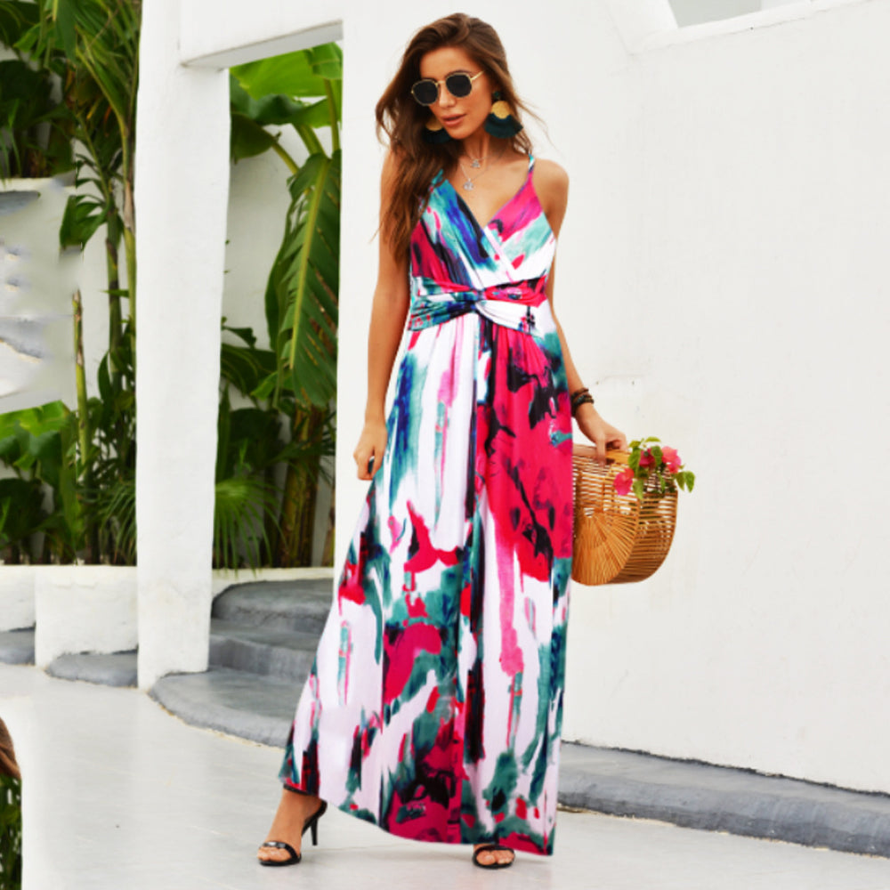 cross-border  spring/summer new arrivals: european and american style fashion v-neck camisole printed beach dress - maxi length