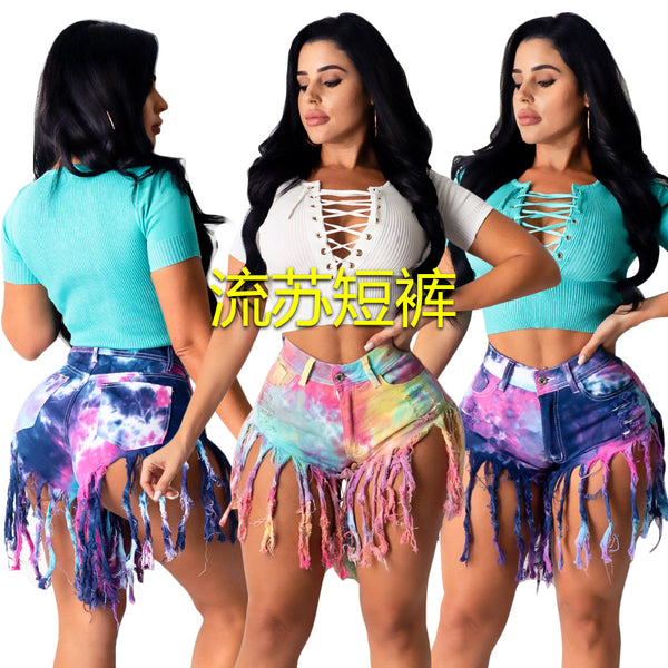 S3797  wholesale European and American popular fringed polished tie-dyed imitation denim shorts women's jeans casual pants