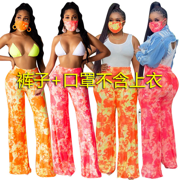 S3798  European and American summer printing horn trousers fashionable tie-dye wide-footed casual trousers two-piece set including masks