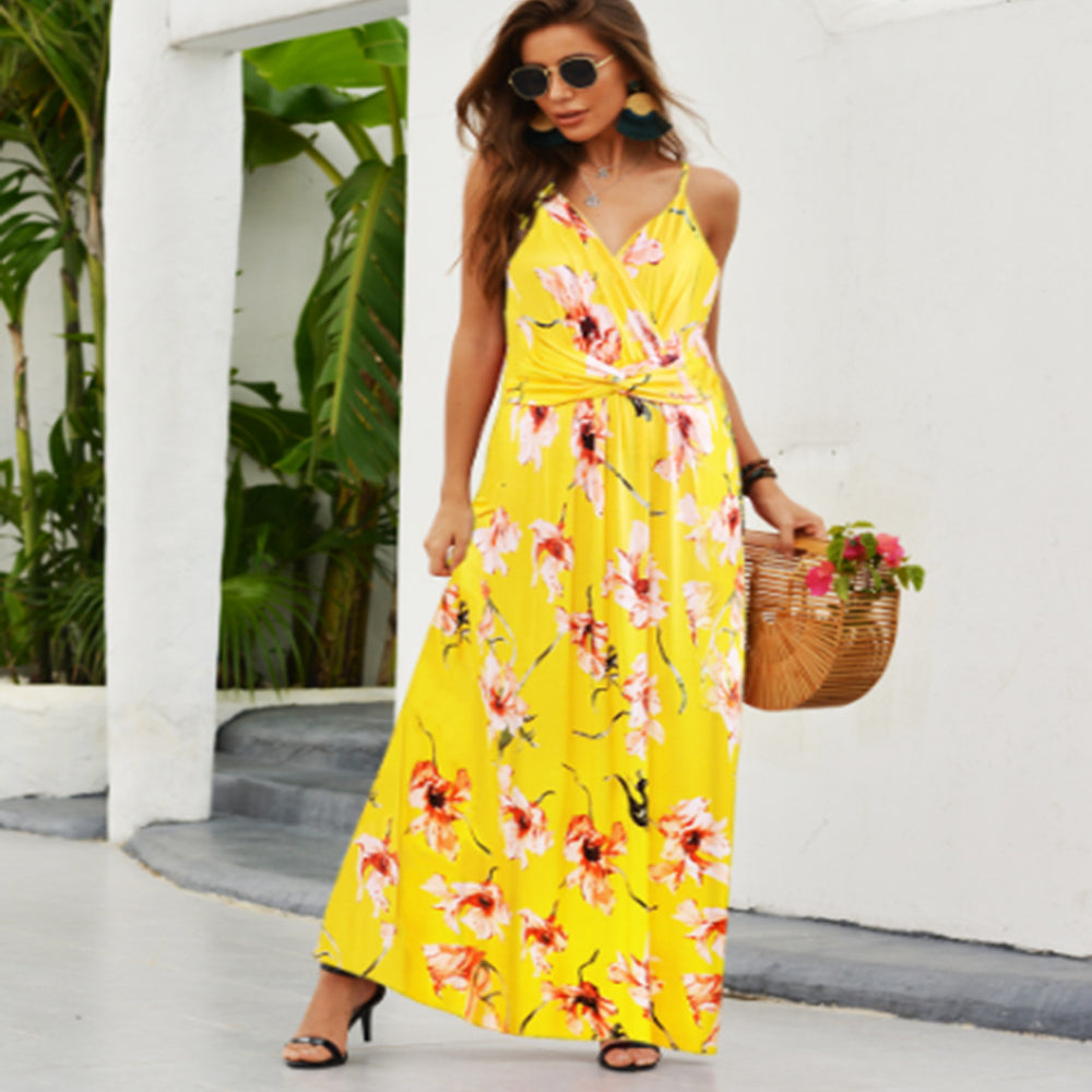 cross-border  spring/summer new arrivals: european and american style fashion v-neck camisole printed beach dress - maxi length
