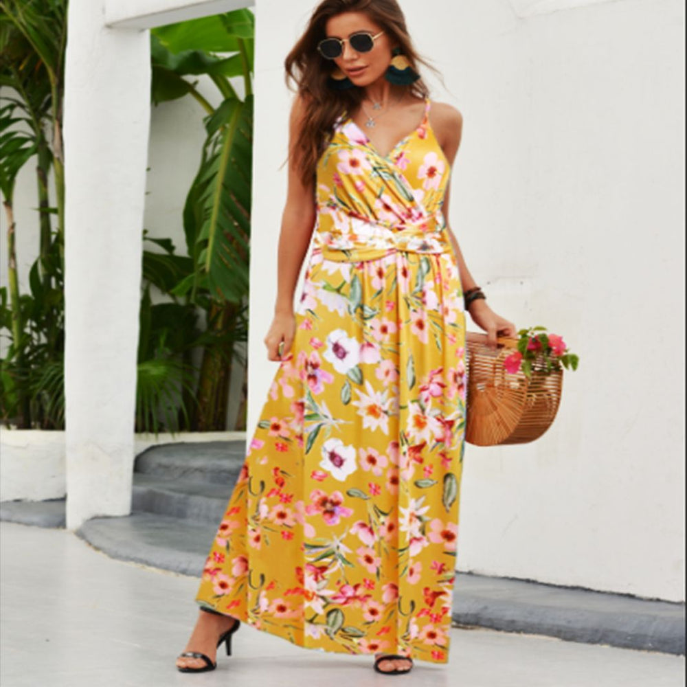 cross-border  spring/summer new arrivals: european and american style fashion v-neck camisole printed beach dress - maxi length
