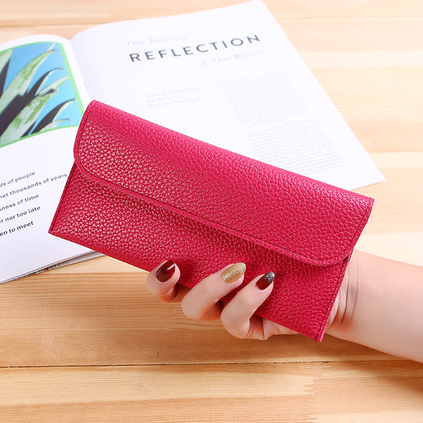 New soft leather thin Japanese and Korean version women's wallet long large capacity solid color lychee pattern mobile phone bag wallet women's bag