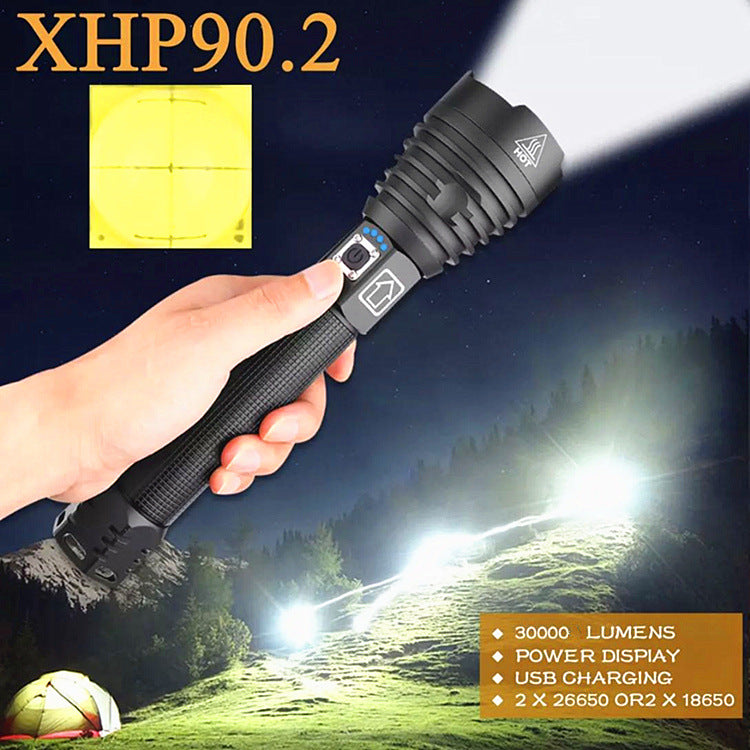 Cross-border P90 telescopic zoom outdoor flashlight new USB charging, power display aluminum alloy XHP70 flashlight