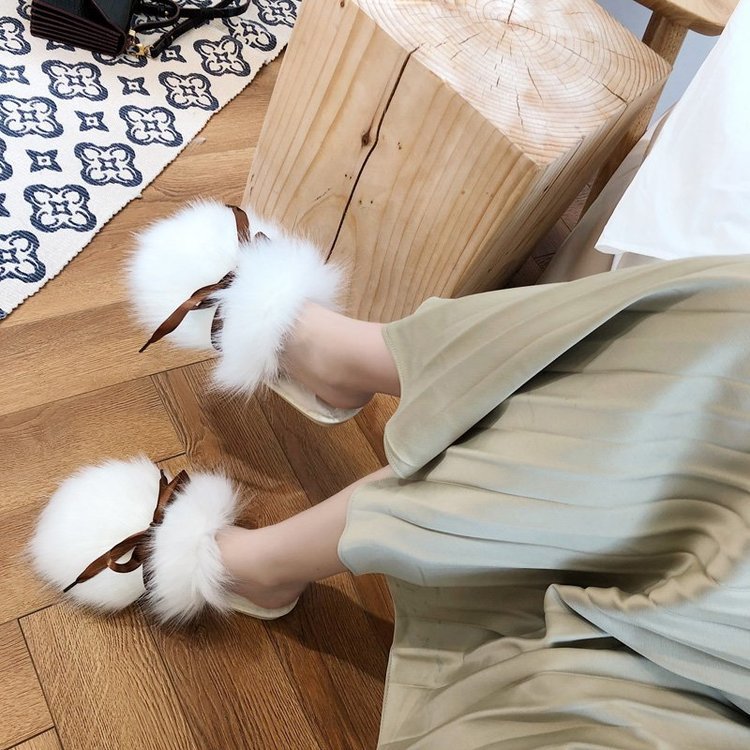Fall and winter fur slippers for women, home bao tou slippers with bows, long hair bao tou slippers, indoor wooden floor heattech confinement cotton slippers