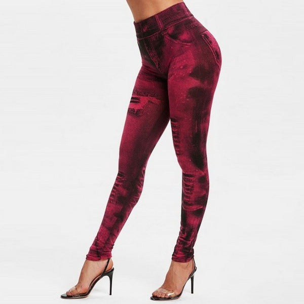 Summer european and american seamless fake ripped corset imitation denim bottom pants women's outwearhigh waist yoga nine-point pants women