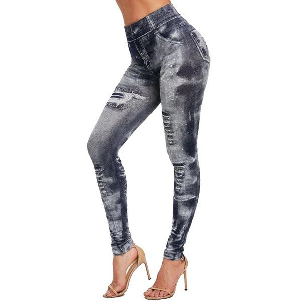 Summer european and american seamless fake ripped corset imitation denim bottom pants women's outwearhigh waist yoga nine-point pants women