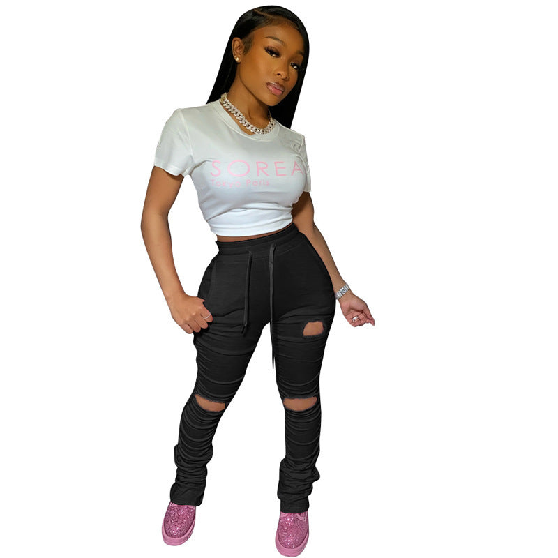 Factory hot sale: european & american style fashionable sexy butt-lifting slim-fit distressed pleated pocket micro-flare women's sweatpants