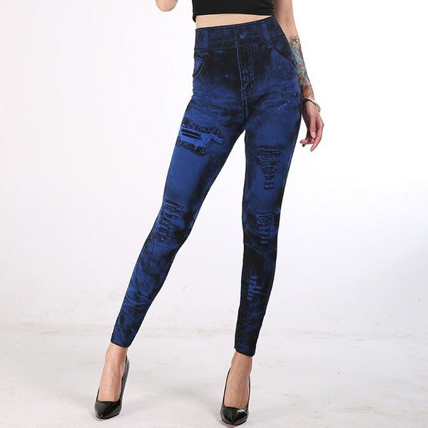 Summer european and american seamless fake ripped corset imitation denim bottom pants women's outwearhigh waist yoga nine-point pants women