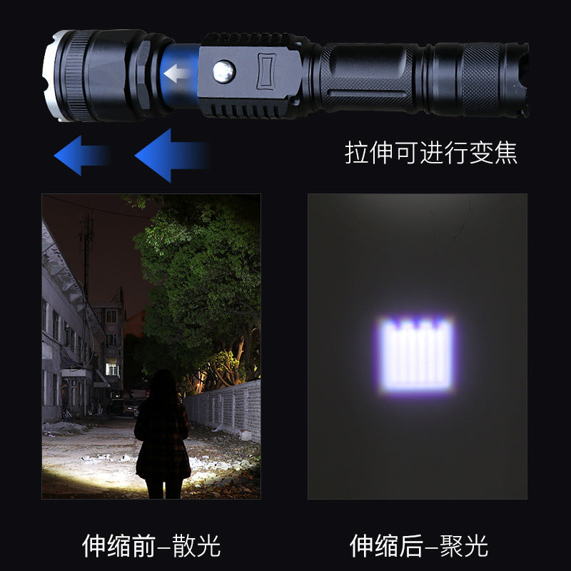 Cross-border new LED flashlight, rechargeable outdoor waterproof telescopic zoom multi-function T6 strong light flashlight