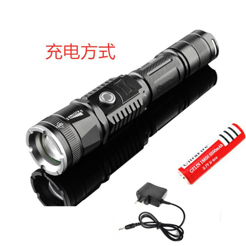 Cross-border new LED flashlight, rechargeable outdoor waterproof telescopic zoom multi-function T6 strong light flashlight