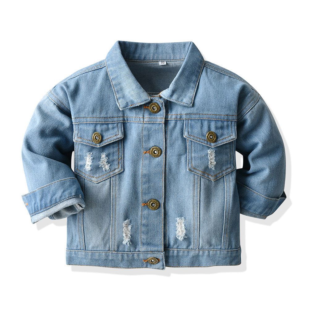 wholesale children's clothing, foreign trade kids' outerwear, new spring and autumn styles for boys and girls, distressed casual jackets, denim tops