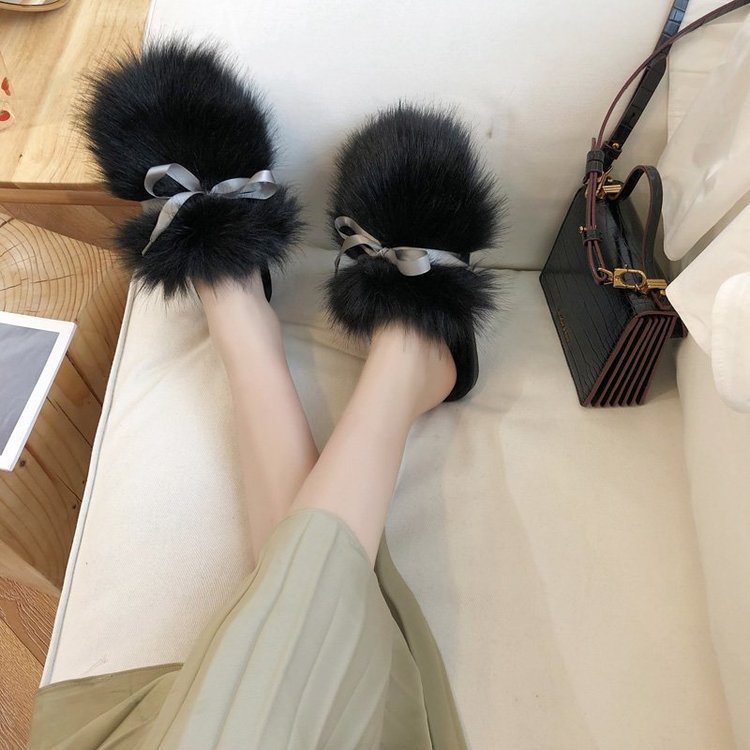 Fall and winter fur slippers for women, home bao tou slippers with bows, long hair bao tou slippers, indoor wooden floor heattech confinement cotton slippers