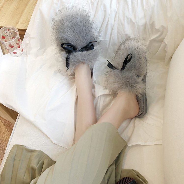 Fall and winter fur slippers for women, home bao tou slippers with bows, long hair bao tou slippers, indoor wooden floor heattech confinement cotton slippers