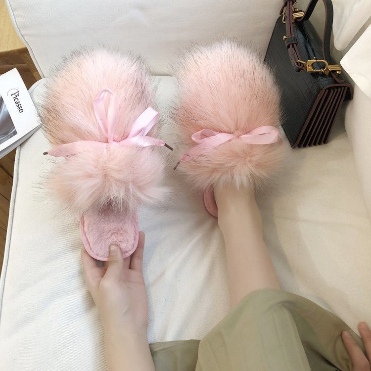 Fall and winter fur slippers for women, home bao tou slippers with bows, long hair bao tou slippers, indoor wooden floor heattech confinement cotton slippers