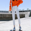 White straight-leg jeans women's spring new korean style stretch petite high-waisted fashion washed casual denim pants