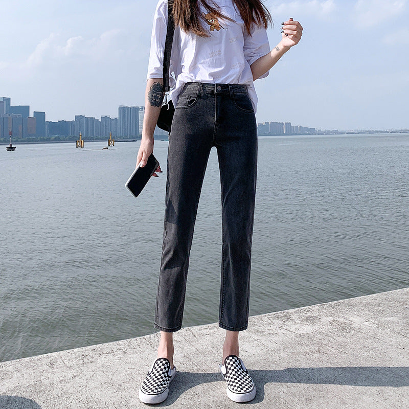 White straight-leg jeans women's spring new korean style stretch petite high-waisted fashion washed casual denim pants