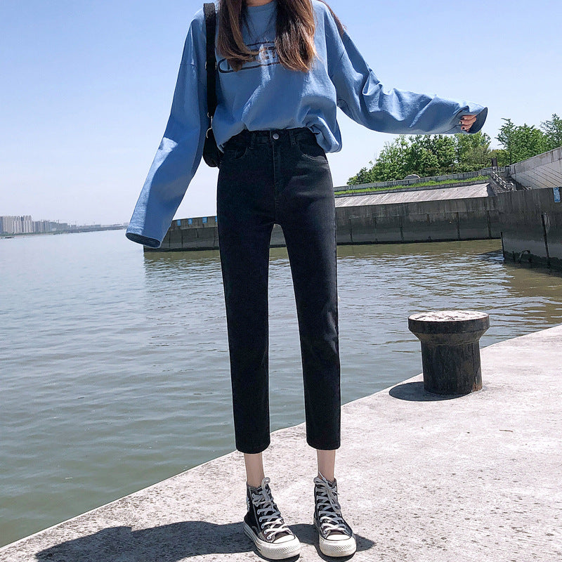 White straight-leg jeans women's spring new korean style stretch petite high-waisted fashion washed casual denim pants