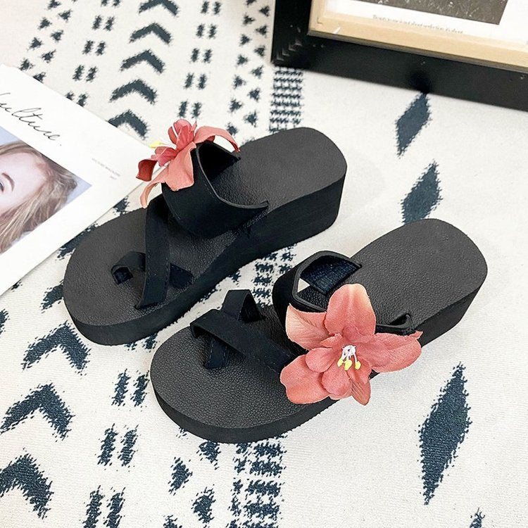 2024 summer european and american floral open-toe high heel flip-flop wedge sandals women's wholesale export shoes wish plus size
