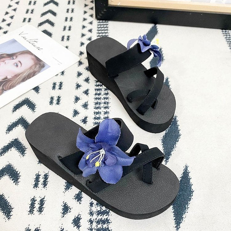 2024 summer european and american floral open-toe high heel flip-flop wedge sandals women's wholesale export shoes wish plus size