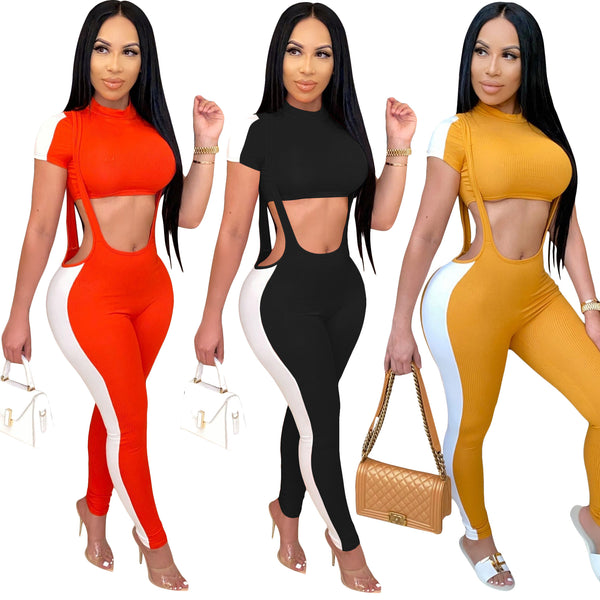 S3810 2020  new model, sexy pit strip splicing suspender short-sleeved top + slim pencil pants set