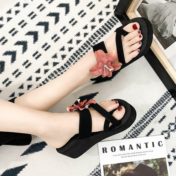 2024 summer european and american floral open-toe high heel flip-flop wedge sandals women's wholesale export shoes wish plus size
