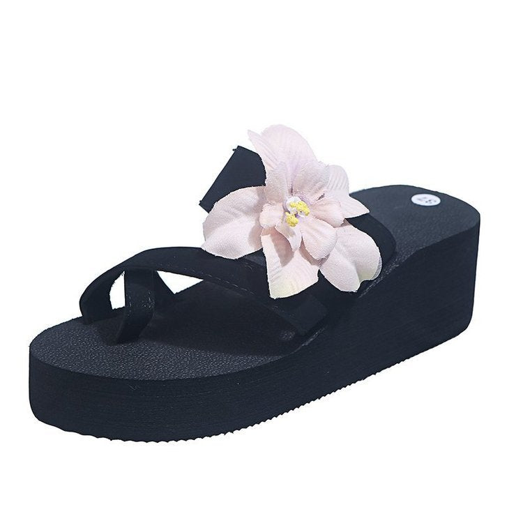 2024 summer european and american floral open-toe high heel flip-flop wedge sandals women's wholesale export shoes wish plus size