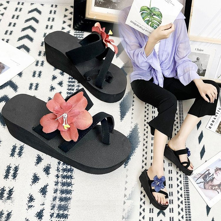 2024 summer european and american floral open-toe high heel flip-flop wedge sandals women's wholesale export shoes wish plus size