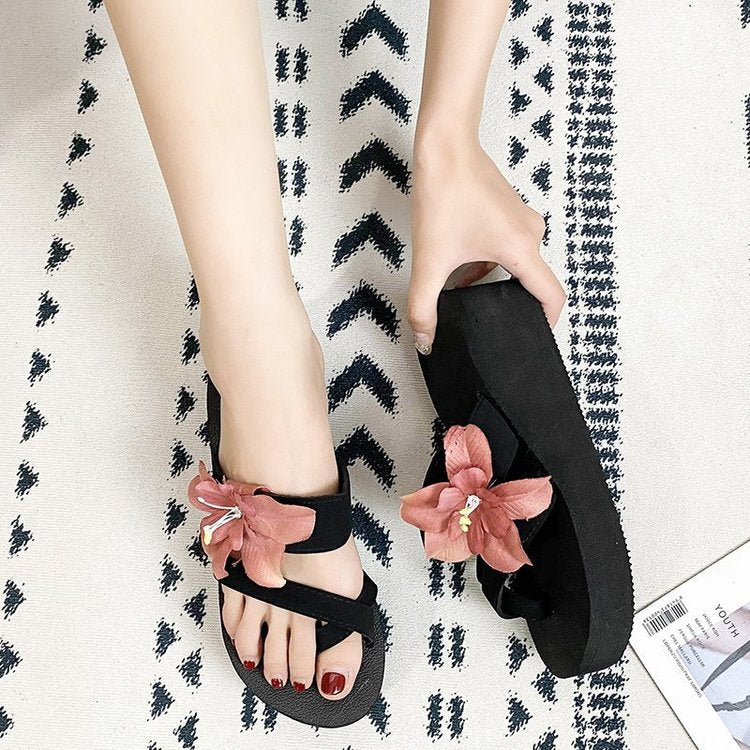 2024 summer european and american floral open-toe high heel flip-flop wedge sandals women's wholesale export shoes wish plus size