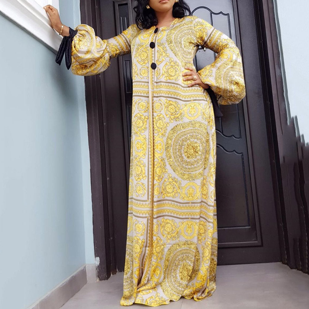 2025 spring european and american cross-border ins ready-to-ship digital print soft denim round neck single-breasted lantern sleeve women's maxi dress