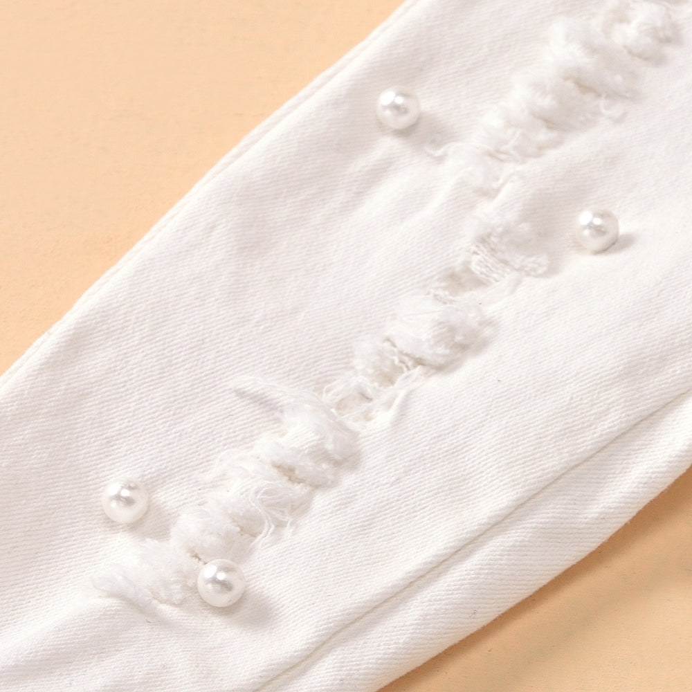 Export cross-border high-quality children's clothing round neck transparent mesh sleeve solid color tops beaded ripped jeans children's suit