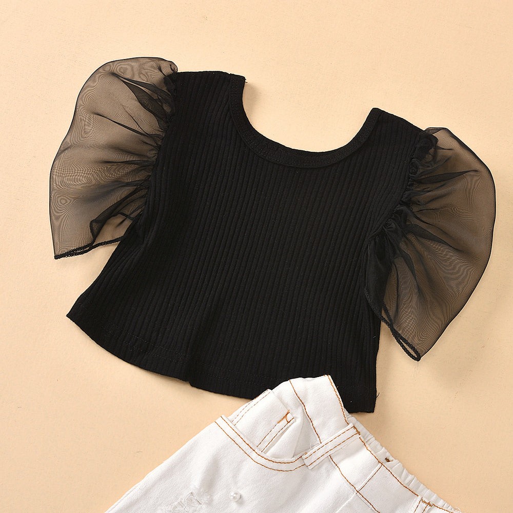 Export cross-border high-quality children's clothing round neck transparent mesh sleeve solid color tops beaded ripped jeans children's suit