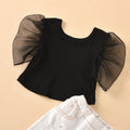 Export cross-border high-quality children's clothing round neck transparent mesh sleeve solid color tops beaded ripped jeans children's suit