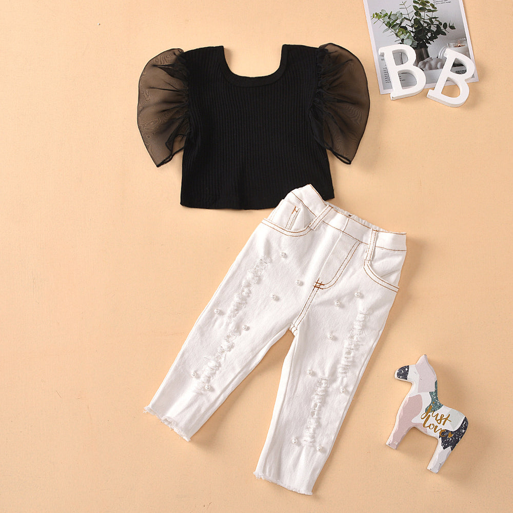 Export cross-border high-quality children's clothing round neck transparent mesh sleeve solid color tops beaded ripped jeans children's suit