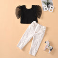 Export cross-border high-quality children's clothing round neck transparent mesh sleeve solid color tops beaded ripped jeans children's suit